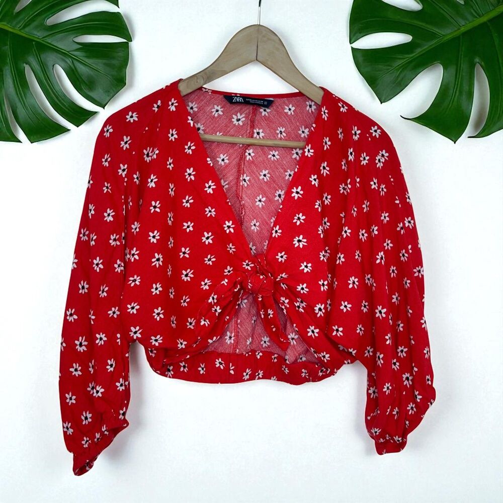 ZARA Red Daisy Floral Print Tie-Front Linen Blend Cropped Blouse - XS - Picture 7 of 12